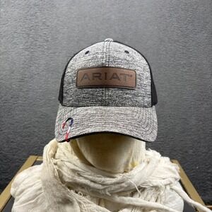 Ariat Mens Heather Gray Black Mesh Back Flexfit Trucker Hat L-XL Leather Patch